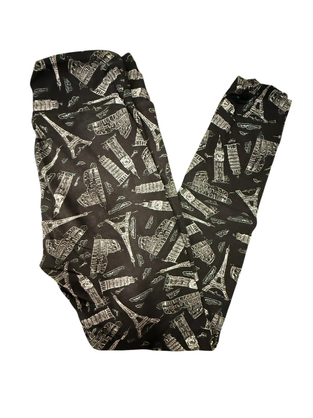 LuLaRoe Black Leggings with White Landmark Print